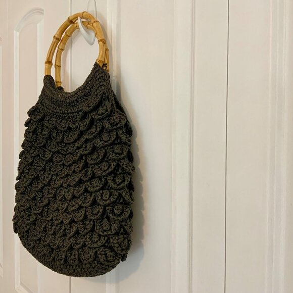 J. Crew Black Straw Hobo Bag Tote Double Bamboo Handles Large - Picture 6 of 9